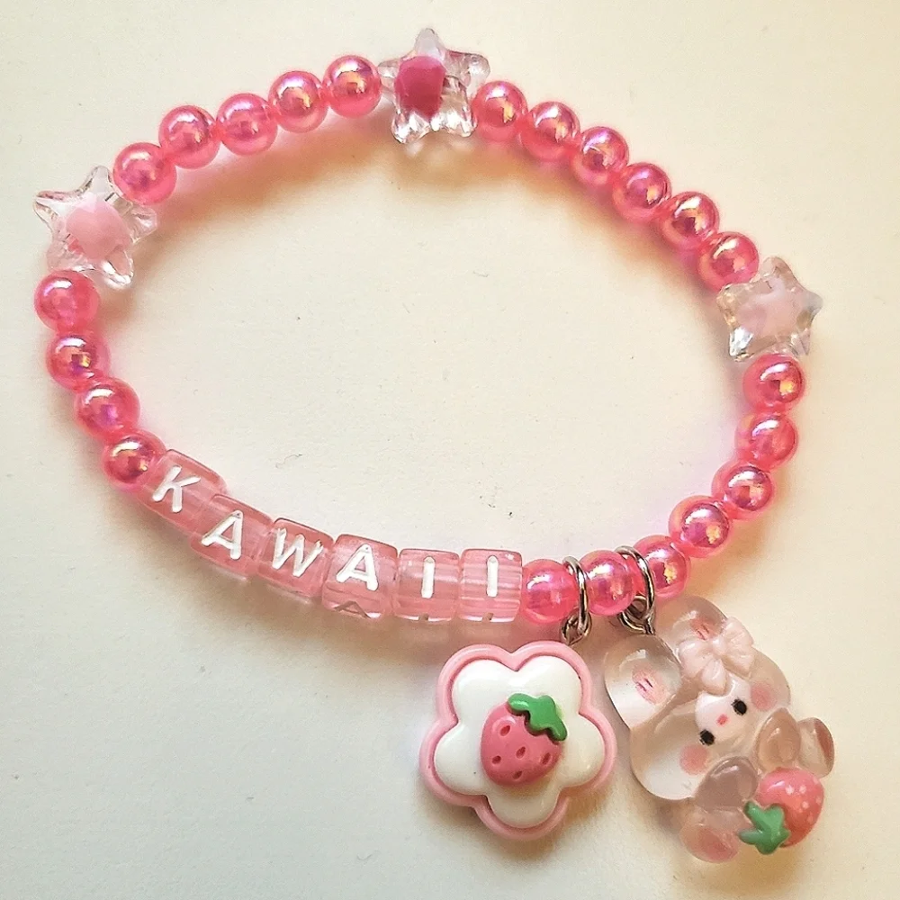 Handmade Beaded Pink Strawberry Kawaii bunny bracelet